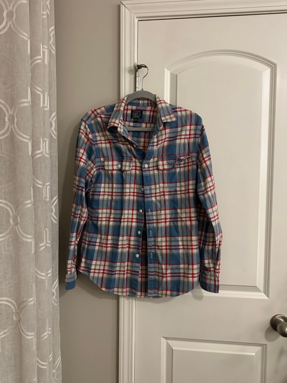 J. Crew Factory Blue, Red & White Plaid Flannel Shirt